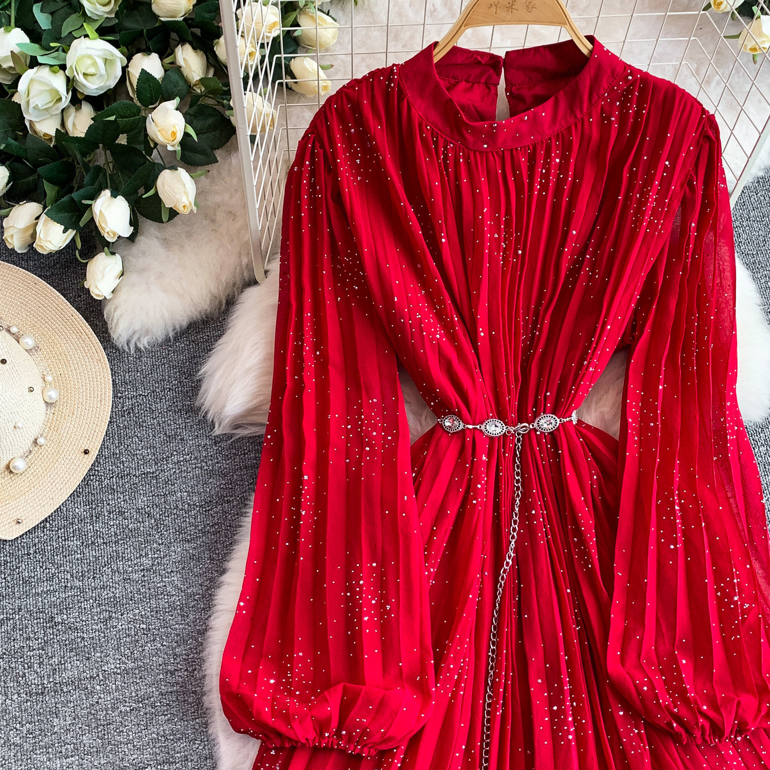 Women's French Style Light Luxury Sparkly Rhinestone round Neck Long Sleeve Dress Summer Slimming Pleated Long Skirt_ecoleips.com