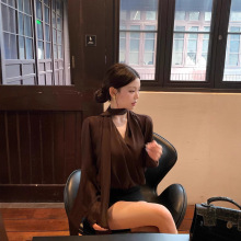 EUSKY IIWAN 辣妹风透视雪纺灯笼袖飘带领结宽松显瘦春纯欲衬衫女