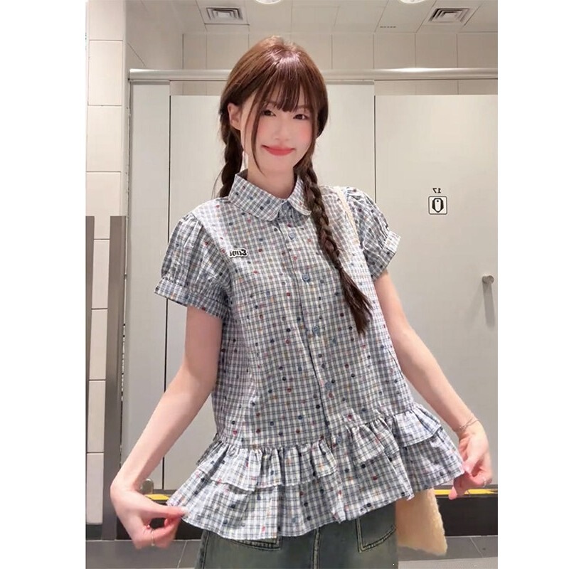 Morning Glory Korean-Style Retro Blue Plaid Short-Sleeve Shirt for Women, Summer Loose-Fitting College Style Waist-Cinching Turn-Down Collar Blouse
