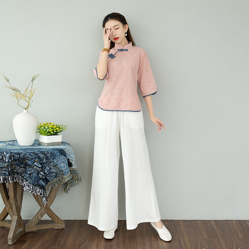 2025 新中国風の漢服綿とリネンのヨガ服禅茶スーツ女性の瞑想スーツ|undefined