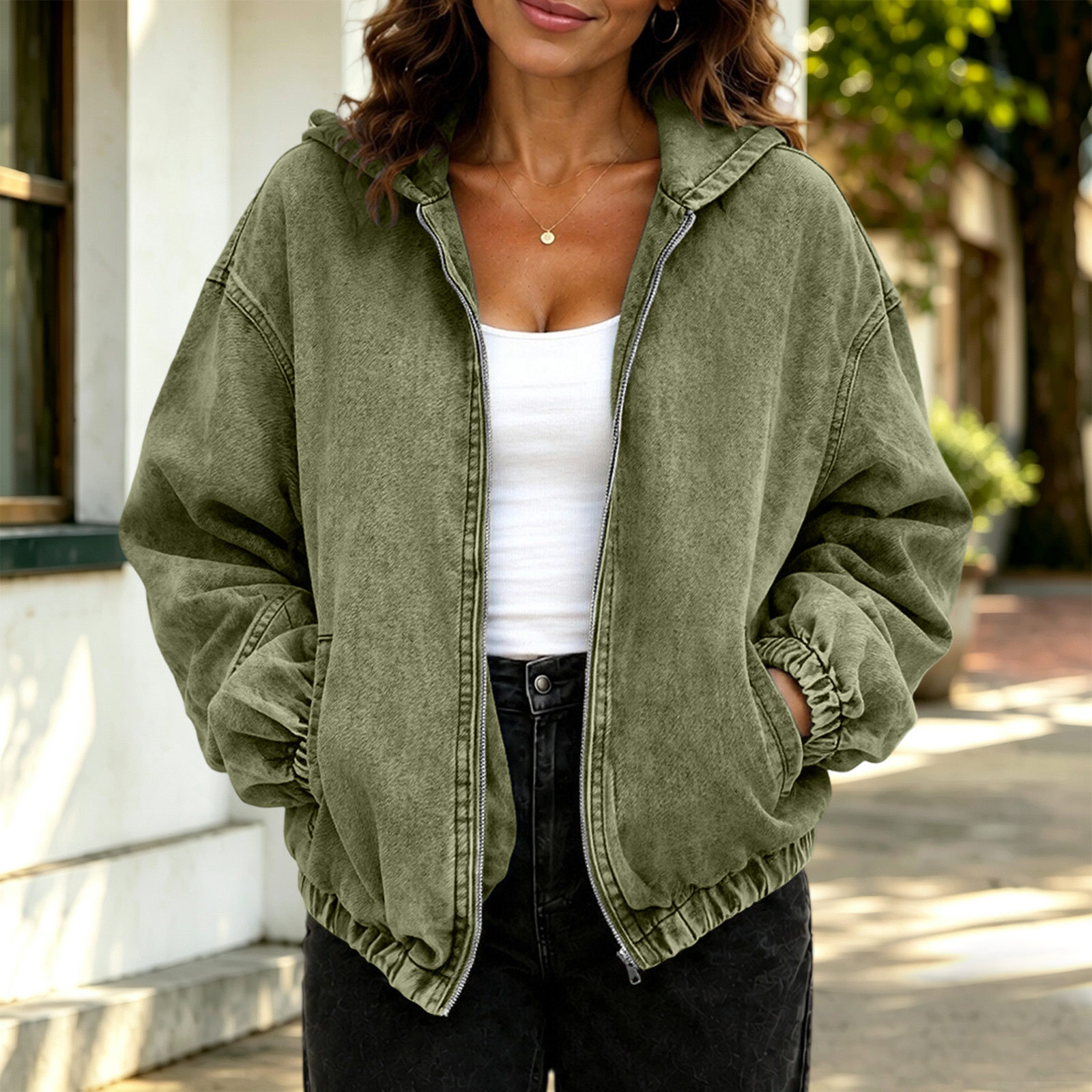 Amazon's new autumn and winter loose casual jacket with zipper, European and American cross-border in-stock hooded denim jacket for women