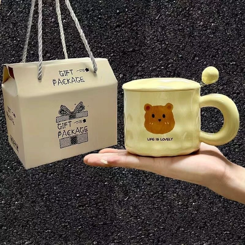 Керамическая чайная чашка, кремовый французский стиль с медвежатами, 401–500 мл, варианты подарочной крышки/ложечки
