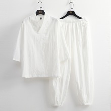 佛系禅修居士服套装男女同款七分袖棉麻汉服瑜伽打坐服茶服足浴服