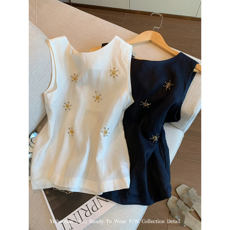 オールドマネースタイルビーズ刺繍リネンノースリーブトップ女性の夏の新しいデザインシンプルな気質多用途痩身ベスト|undefined