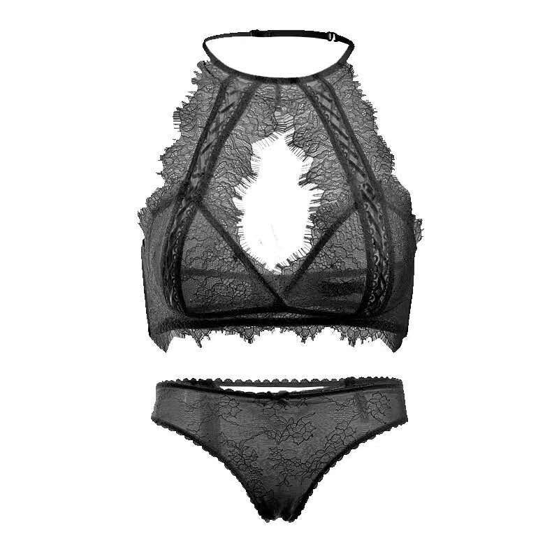 Retro Bra Women Sexy Lace Halter Erotic Lingerie Push up Beauty Back Translucent Ultra-Thin Bra Panty Set