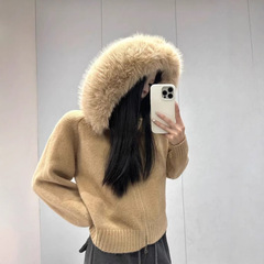 跨境韩国复古秋冬针织开衫女宽松休闲百搭长袖毛领连帽毛衣外套女