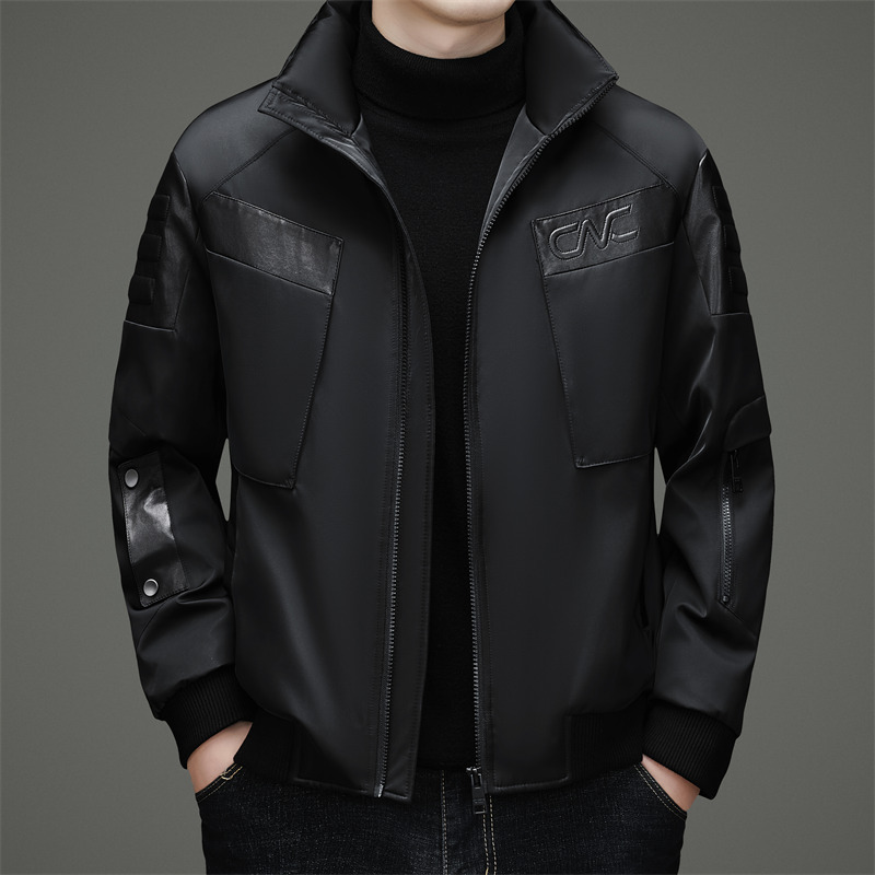 Tommy Hilfiger Men's down Jacket for Young and Middle-Aged Fashion Trend Genuine Leather Patchwork Winter Stand Collar Jacket Coat