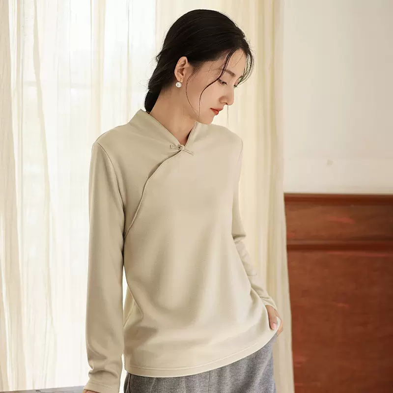 新中式女装2025秋冬新款外穿德绒打底衫女中国风斜襟盘扣保暖上衣