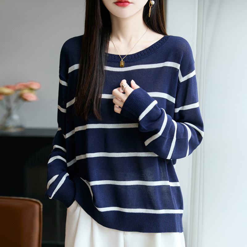 法式撞色条纹miu系毛衣女2025新款宽松休闲显瘦针织衫格雷系上衣|undefined