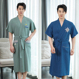 25 Summer New Men's Gauze Short Sleeve Belt Cotton Bathrobe, Lightweight, Breathable, Soft and Comfortable