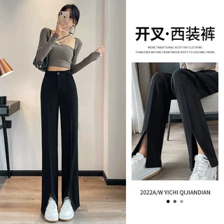 黑色高腰阔腿裤女2026春夏新款直筒垂感开叉小个子休闲西装拖地裤
