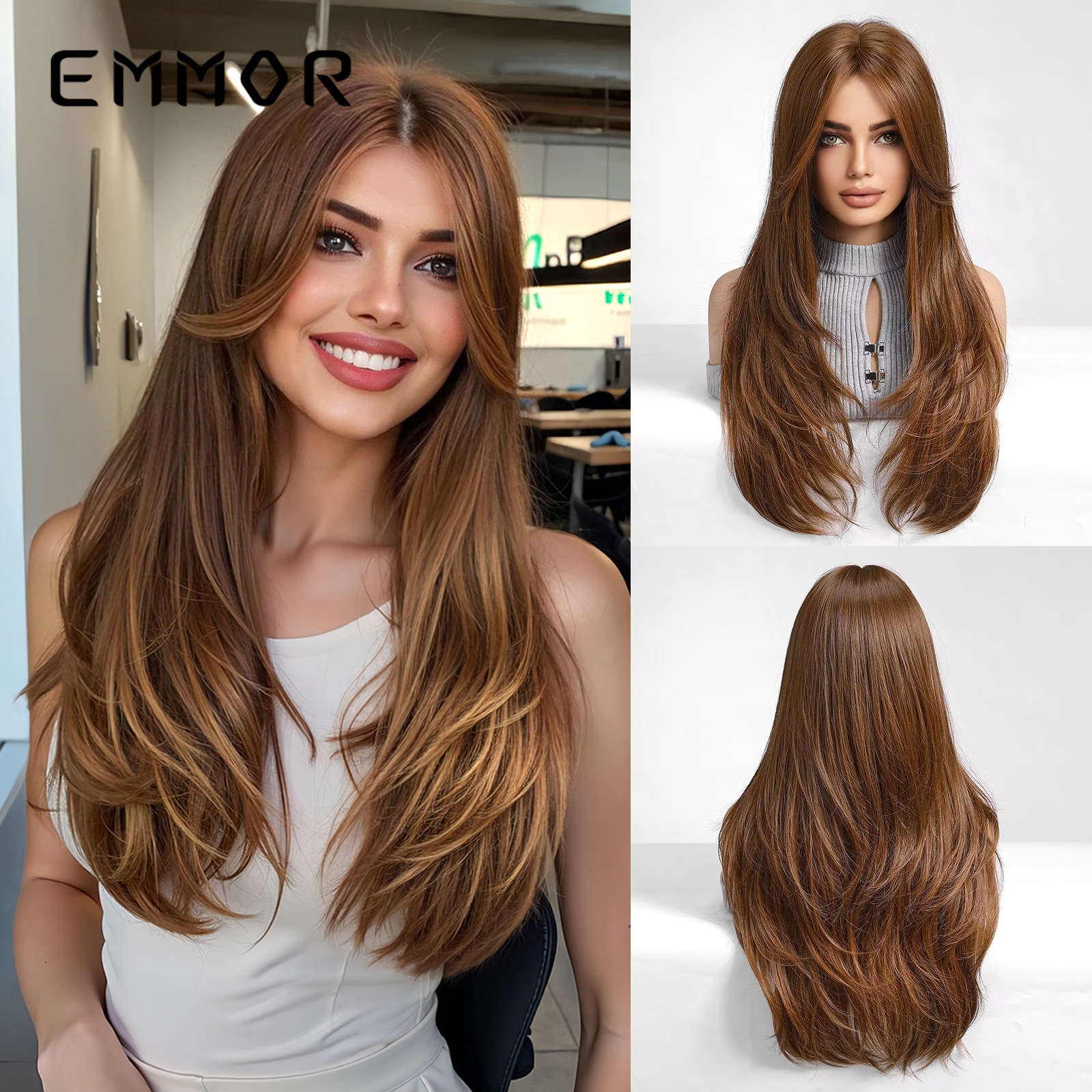 Transfronterizos europeos y estadounidenses peluccas de cabello largo de mujer roja marrón claro franja larga