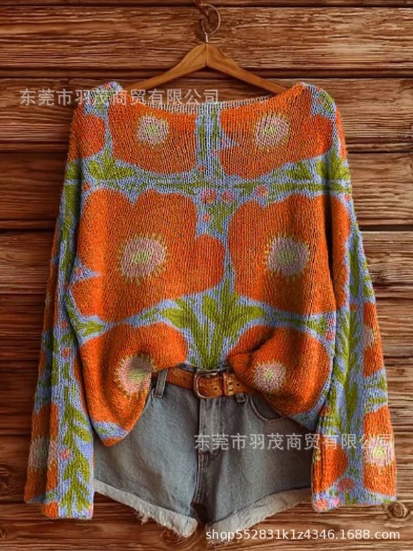 独立站新款高领卫衣仿毛衣 秋冬季碎花圆领宽松毛衣2|undefined