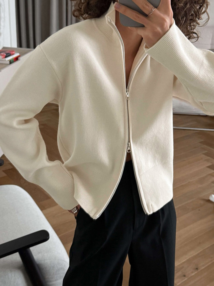 Áo khoác cardigan len dệt kim cổ đứng khóa kéo hai chiều dài tay — Màu nâu cà phê, Màu trắng, màu đen, màu đỏ