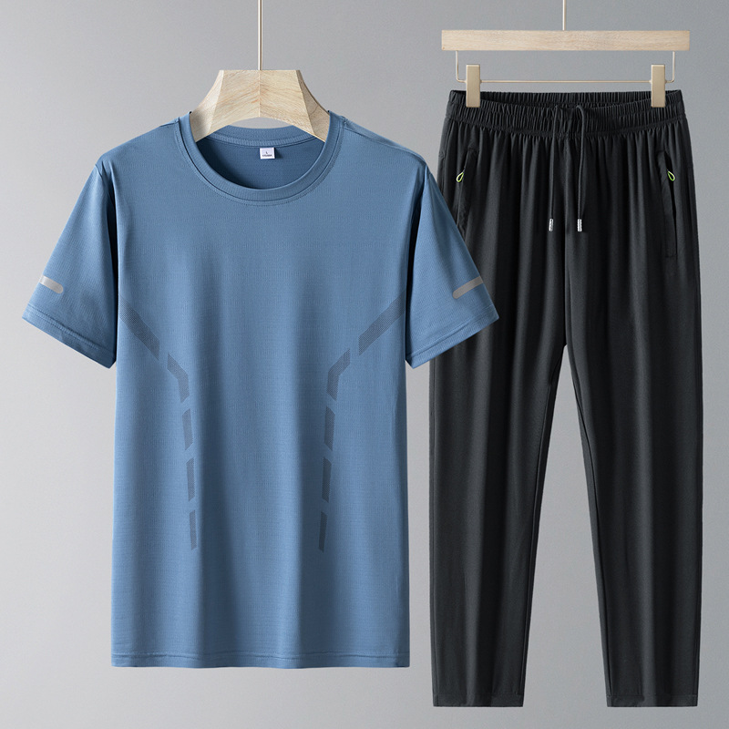 Traje de verano para papá Traje deportivo de ocio Camiseta de seda de hielo para hombre de manga corta delgada para hombre Pantalones de dos piezas de mediana edad y ancianos
