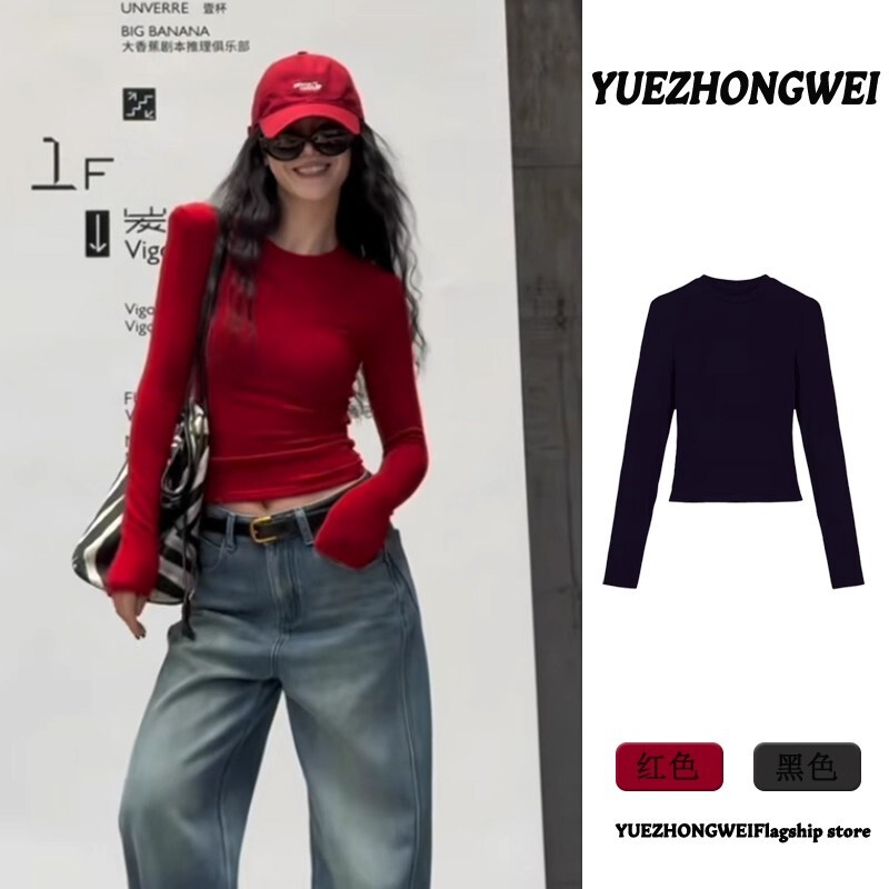 Round Neck Right Shoulder Long-Sleeved T-Shirt for Women 2025 Early Autum New Style Slim Inner Layering Shirt Top for Small People