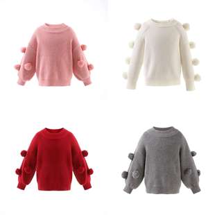 Girls' Children's Wear Spring and Autumn Girls' Baby's Crewneck Knitwear Children's Western Style All-match Long-sleeved Fur Ball Sweater Outer Wear Top