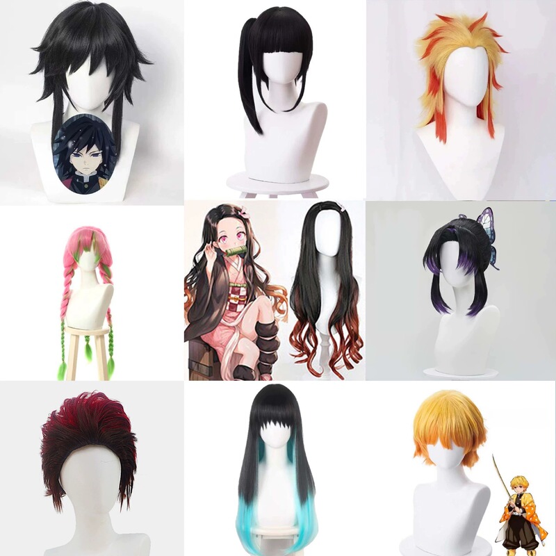Cross-Border Popular Anime Demon Slayer: Kimetsu No Yaiba Cosplay Wig of Rengoku Kyoujurou and Inosuke Hashibira, Full Head Wig