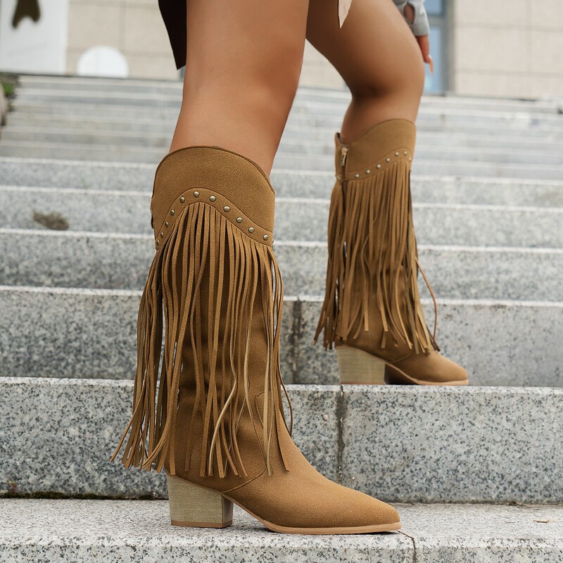 Independent station foreign trade women's boots 2024 autumn and winter new tassel fashion boots sexy retro western boots plus size