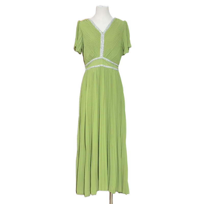 Foreign Trade Niche European and American V Neck Heavy Beaded Pleated Skirt Spring and Summer New Long Dress