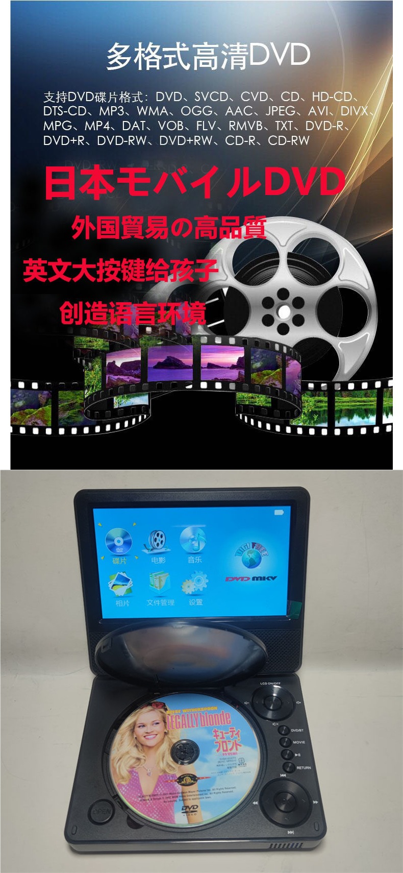 High-Definition Bluetooth Dvd Player Imported from Japan, All-In-One Portable Car Dvd Player, Automatic Disc Reader, Vcdcd