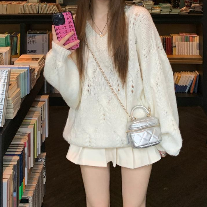 慵懒风不褪色复古韩版女镂空毛针织衫~立体感半裙套装咖色半身裙|undefined