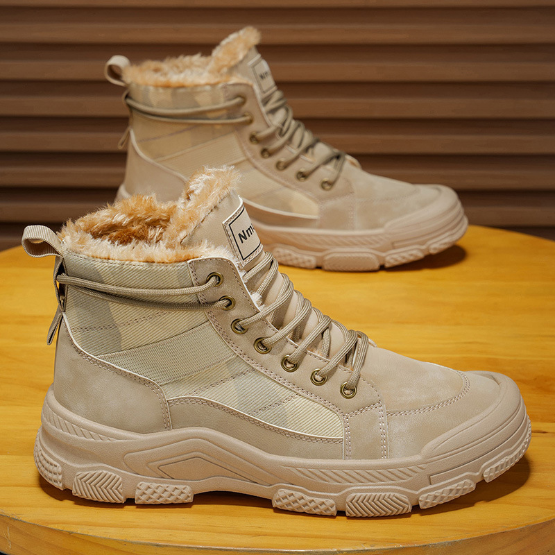 Zapatos de hombre de invierno de terciopelo, botas Martin de alta altura, zapatos de calentamiento antideslizantes para hombres con terciopelo de suela gruesa, zapatos de montaña antideslizantes
