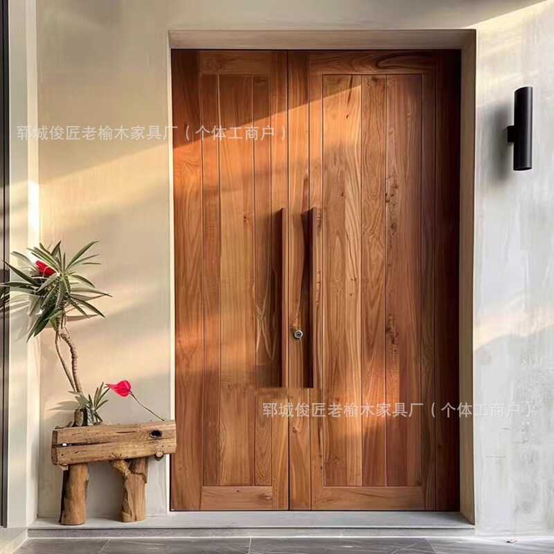 Chinese-Style Old Elm Wood Entrance Door, Rustic Homestay Retro Courtyard Double-Door, Solid Wood Vintage Courtyard Double-Door