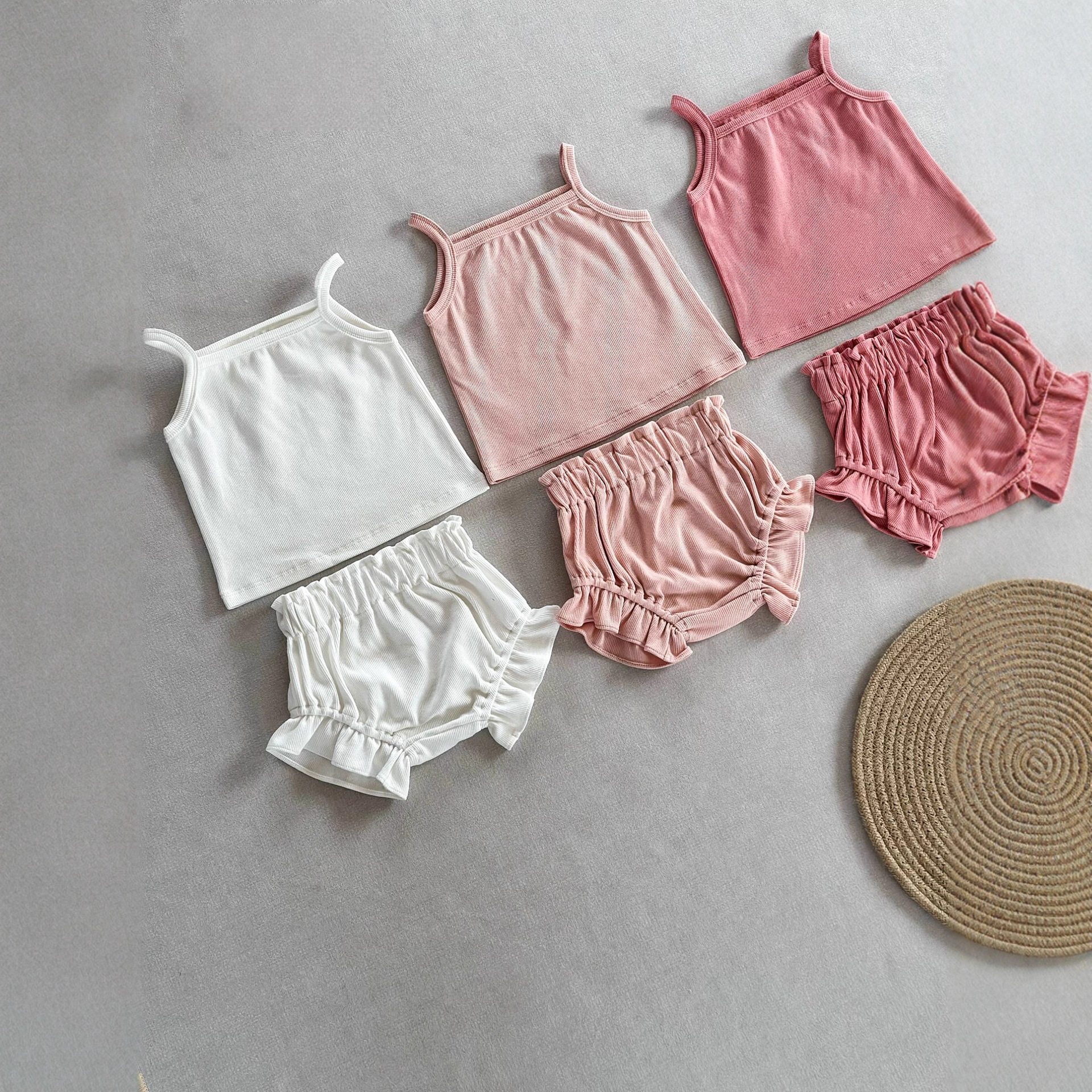 Cross-Border European and American Children's Clothing Baby Girl Cute Camisole Short-Sleeved Two-Piece Baby Summer Pure Cotton Rib Suit