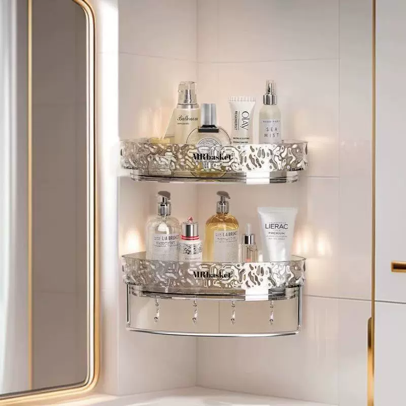 Bathroom triangular storage rack without punching, wall-mounted bathroom toilet washbasin light luxury multi-functional corner storage rack