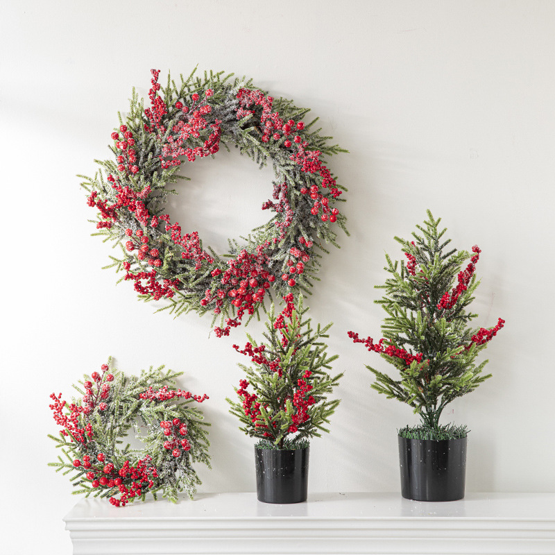 Guirnalda navideña de bayas rojas, adorno colgante para puerta, mini árbol de Navidad, decoración navideña
