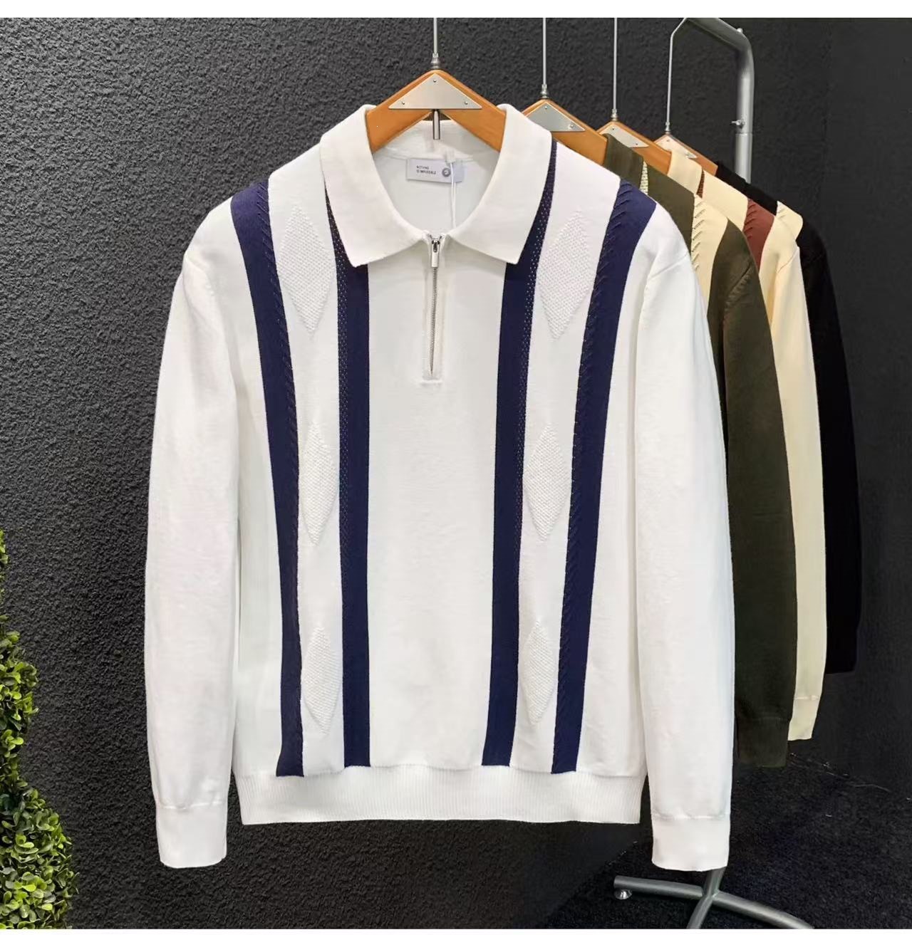 Herr stickad tröja med krage lång ärm randig vardaglig_voghion.com