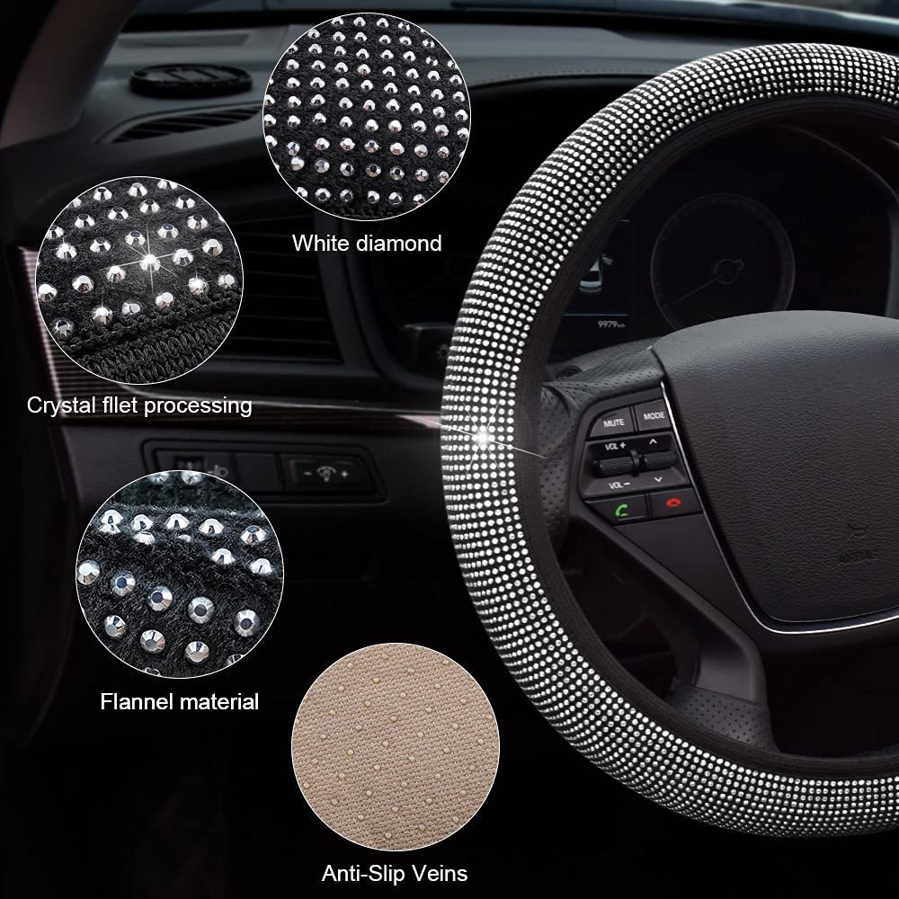 Car Steering Wheel Cover with Diamonds, No Inner Ring, Full Diamond Rhinestone Cover with Diamond Mesh, Hot-Studded Diamonds, Full Diamond Elastic Grip Cover