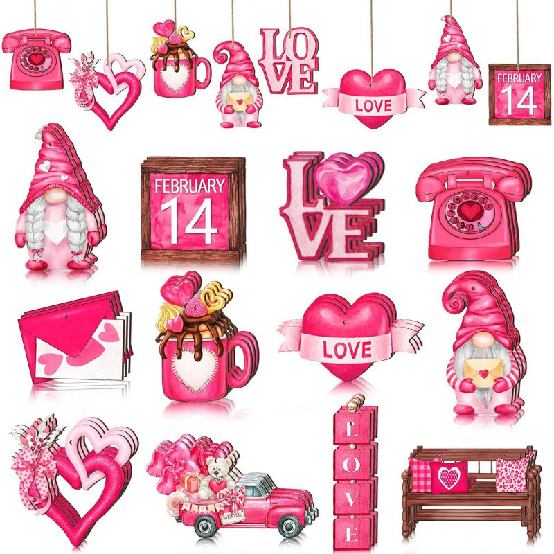 36件情人节装饰树小矮人木制饰品卡车心形爱心假日粉色情人节挂饰