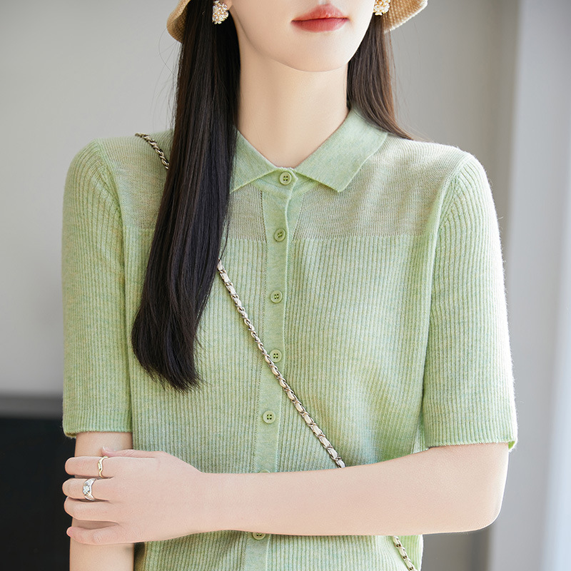 2025 Spring and Summer New Arrival Worsted Wool POLO Collar Knitted Cardigan Short-Sleeved T-Shirt Women's Solid Color Drawdown Top