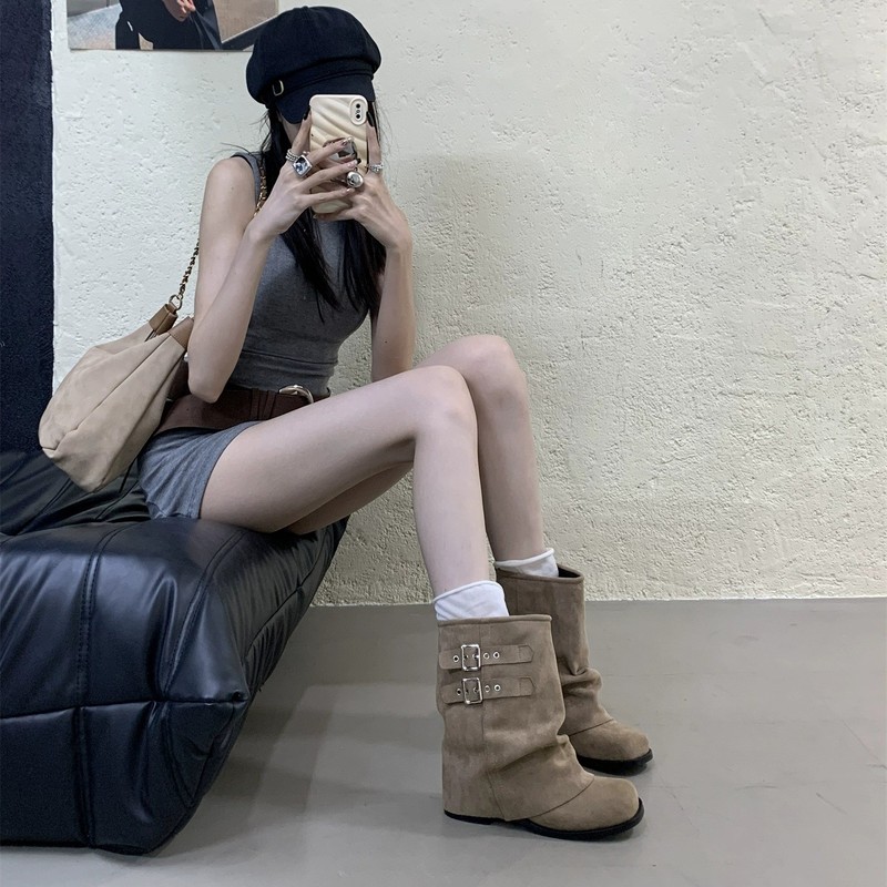 皮带扣网红裤管靴女2025新款英伦风时尚气质舒适套筒靴短筒马丁靴|undefined