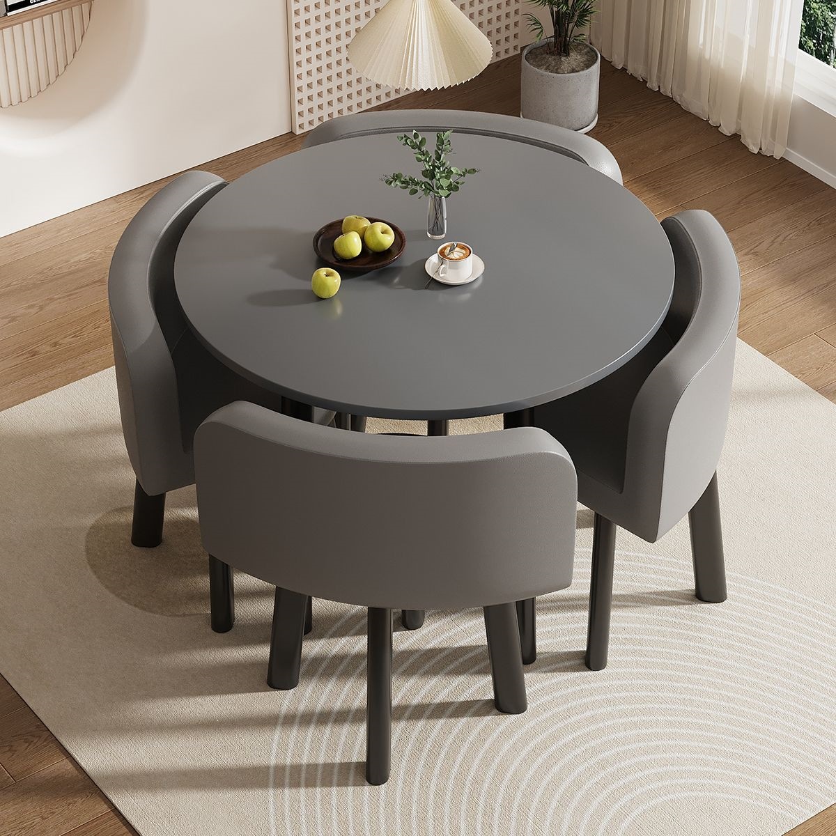 80cm gray round table +4 dark gray leather chair