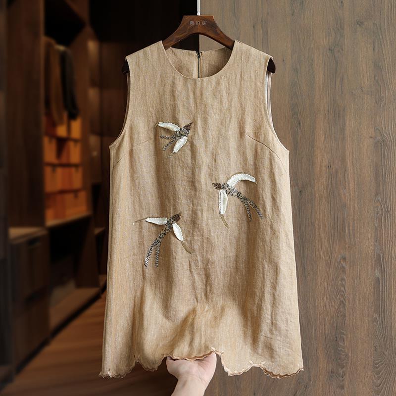 Elegant and Sophisticated Linen Dress for Women 2025 New Petite Stylish Sequin Age-Reducing Mid-Length Tank Dress
