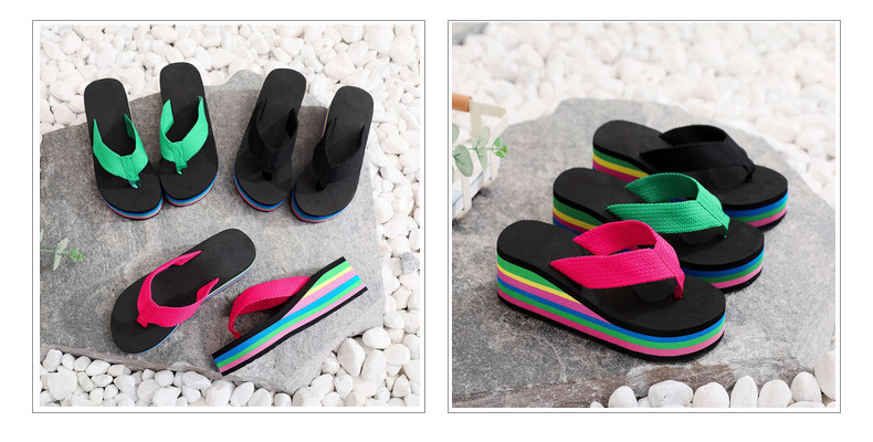 Women's Rainbow Striped Platform Flip Flops Wedge Beach Shoes_voghion.com