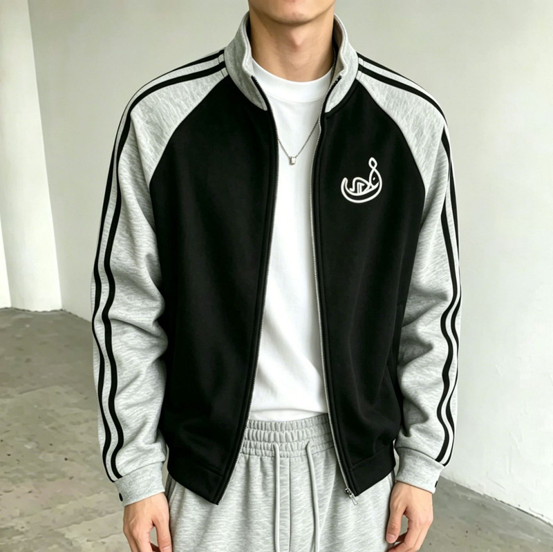 European and American Style Black and Gray Color-Blocked Raglan Stand Collar Zip-Up Sweatshirt Jacket, Sporty Casual Everyday Loose Cardigan Top