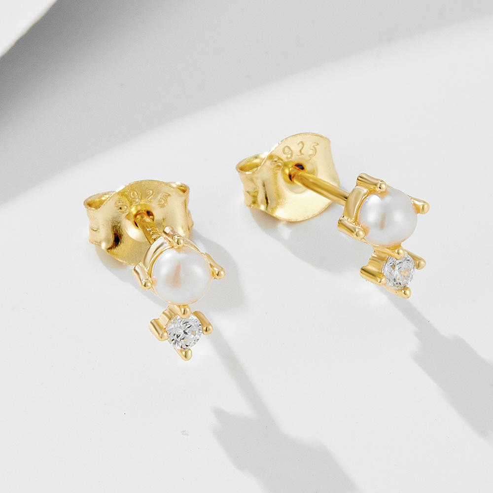 Pendientes de perlas naturales de diamantes con incrustaciones de plata de ley s925 para mujer, lujo ligero europeo y americano, personalidad simple, moda, pequeños pendientes de oreja