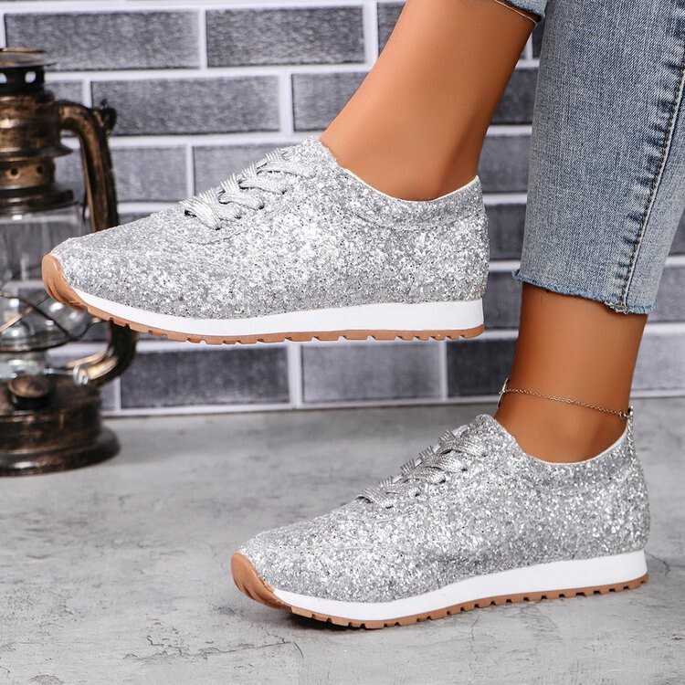 Foreign Trade Large Size Flats Casual Sports Shoes for Women 2025 New Spring and Autum European and American Sequin Lace-Up Cross-Border Shoes Foreign Trade Large Size Flats Casual Sports Shoes for Women 2025 New Spring and Autum European and American Sequin Lace-Up Cross-Border Shoes