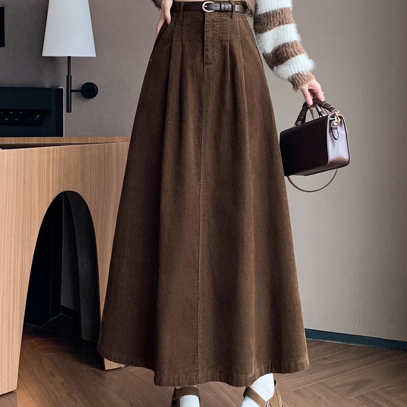 Designer Corduroy Skirt for Women, New Vintage High-Waisted Slimming Mid-Length Elegant Flared Skirt, Korean Style Designer Corduroy Skirt for Women, New Vintage High-Waisted Slimming Mid-Length Elegant Flared Skirt, Korean Style