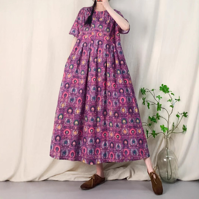 Summer New Multi-Pleated Digital Printed Robe Dress Ethnic Retro Cotton and Linen Creative Design Round Neck Short Sleeves Summer New Multi-Pleated Digital Printed Robe Dress Ethnic Retro Cotton and Linen Creative Design Round Neck Short Sleeves