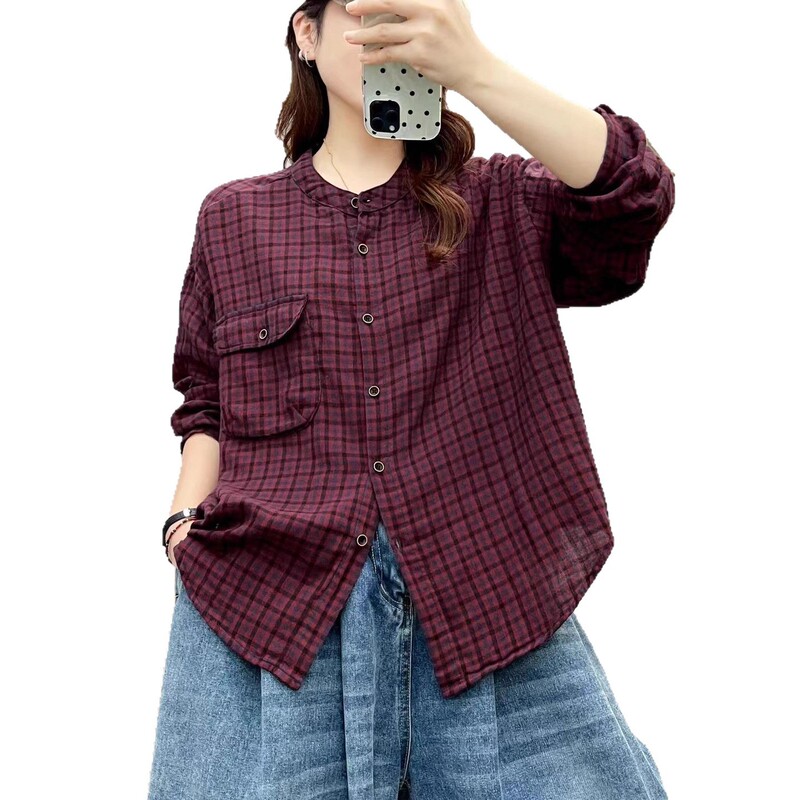 双纱格子衬衫女 2025秋新款复古文艺宽松立领单排扣开衫衬衣 2964|undefined