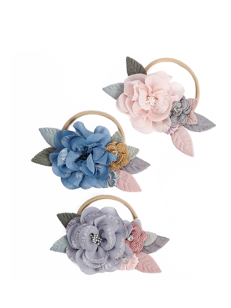 Accessori per capelli per bambini europei e americani, corda per la testa del bambino in nylon senza cuciture, combinazione di cuciture creative, cintura per capelli fini a forma di fiore, anello per capelli del bambino_voghion.com
