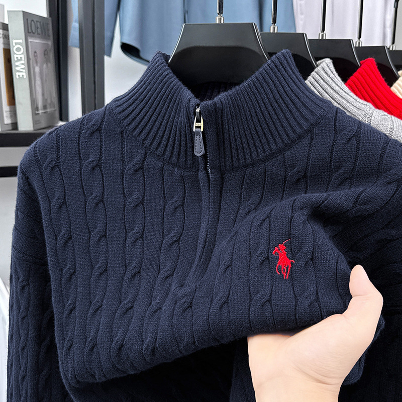 Thickened Warm Sweater for Men with Embroidered Pony Logo, Long-Sleeve Half-Zip Stand Collar Jacquard Sweater