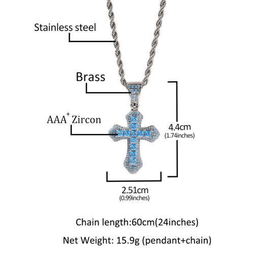 Gumeng new blue zircon cross necklace hip-hop fashion heavy industry diamond versatile sweater chain cross-border wholesale
