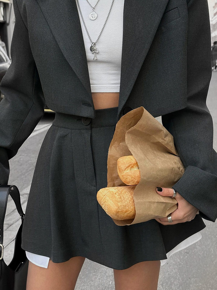 Bộ vest blazer dáng ngắn cổ ve áo kèm chân váy siêu ngắn dài tay — Màu hồng, Màu hồng nhạt, Màu đen, Tất cả các màu đều có trong kho, size L trọng lượng: 670g chi tiết 32