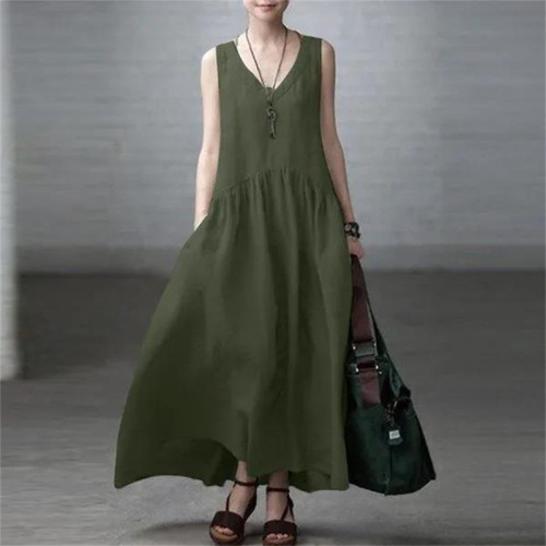 Summer Women's Long Dress Loose Pleated Fashion Sleeveless Solid Color Backless Cotton Linen Dress